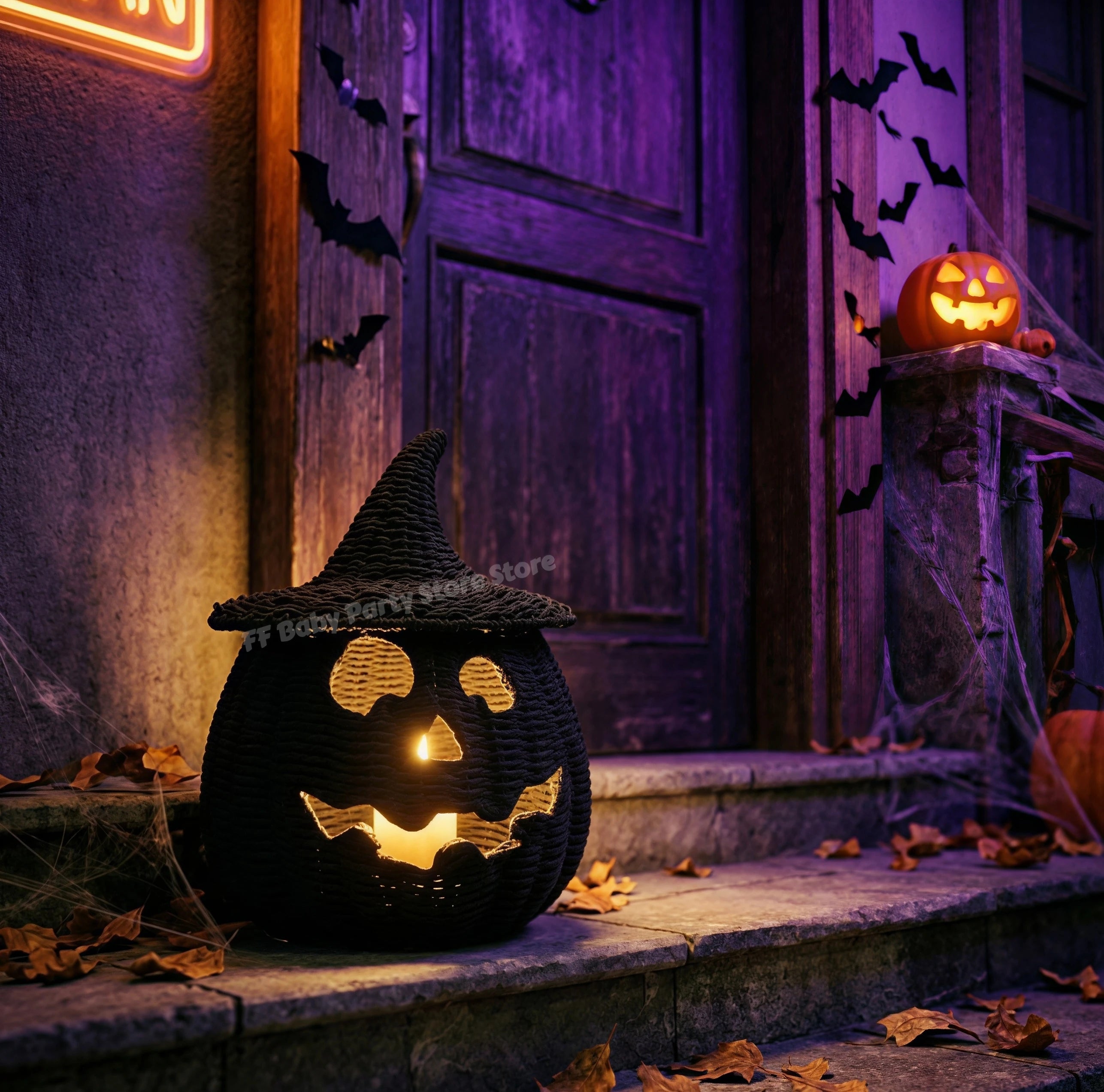 Halloween Decorations Hand-Woven Wicker Pumpkin Lantern Witch Hat Storage Box Home Decorative Statue Ornaments Christmas Decor