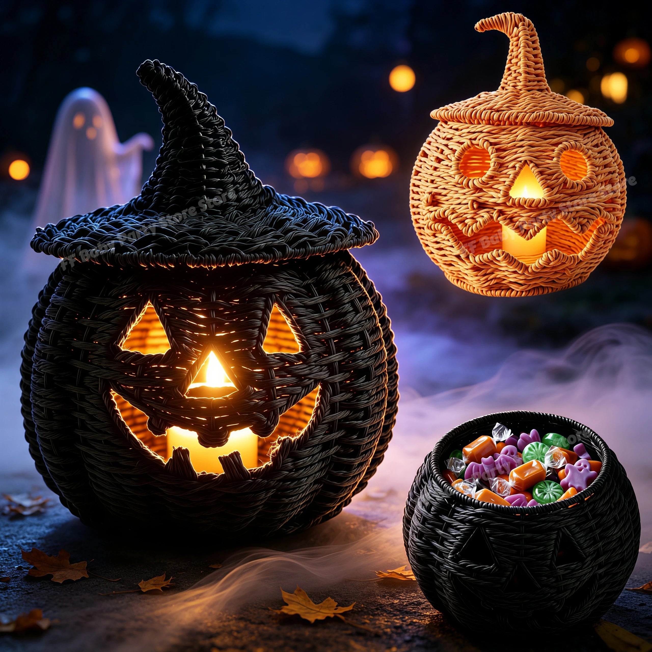 Halloween Decorations Hand-Woven Wicker Pumpkin Lantern Witch Hat Storage Box Home Decorative Statue Ornaments Christmas Decor