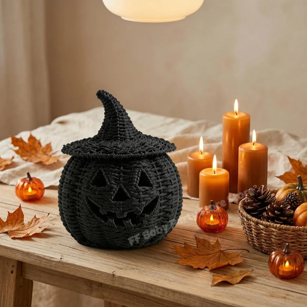 Halloween Decorations Hand-Woven Wicker Pumpkin Lantern Witch Hat Storage Box Home Decorative Statue Ornaments Christmas Decor
